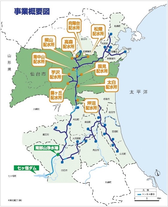 宮城県南部の地図上に七ヶ宿ダムを水源とする水道用水の供給システムを青い線とラベルで示した、事業概要図