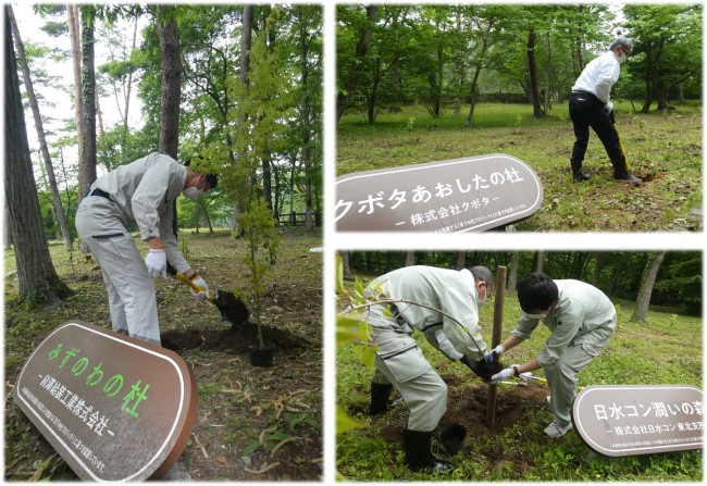 「みずのわの杜」、「クボタあおしたの杜」、「日水コン潤いの森」という各企業の看板が立てられたエリアで、作業着姿の人々がスコップを使い苗木の植樹や支柱の設置作業を行う様子を捉えた3枚の写真を組み合わせたコラージュ写真