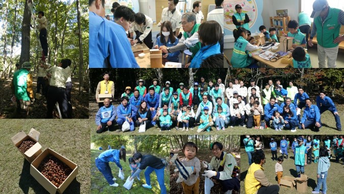 森林内でハシゴを使い作業する様子や、屋内で木工作業に取り組む親子、そして屋外でのどんぐり拾いや集合写真の撮影など、多様な自然体験活動の場面のコラージュ写真