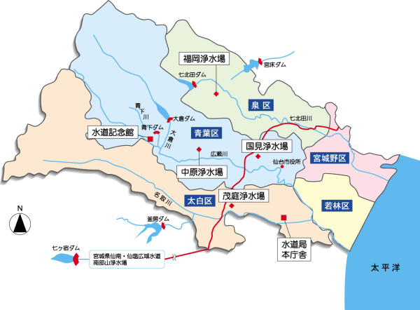 仙台市の水源となるダムと、浄水場などが記載され、5つの行政区が色分けされたダムと浄水場の配置図