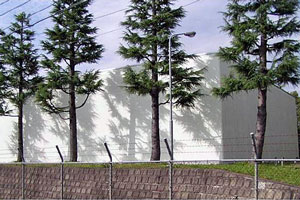 有刺鉄線付きのフェンスと並木に囲まれた敷地内に、窓のない白く巨大な長方形の建物が立っている配水池の外観写真