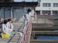 作業着姿の3人の人物が、水処理施設と思われるコンクリート造の設備にて、手すり越しに容器を吊り下げて水を汲み上げたり足元でサンプルの確認をしたりして水質検査を行っている浄水場での検査の写真
