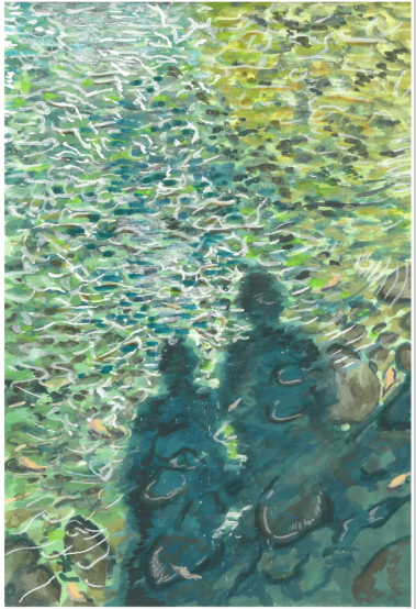 川をのぞき込む二人の影が水面に反射している様子を描いた絵画作品