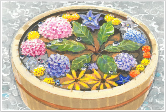 桶の中に浮かんでいるピンクや紫、黄色などの色とりどりの花と葉を描いた絵画作品
