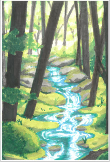山間を流れる小川と木々から溢れる日差しを描いた絵画作品