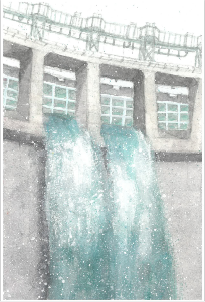 大倉ダムの放流の涼しさを描いた絵画作品