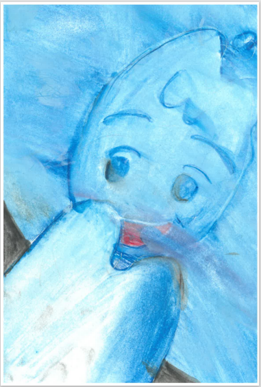 水面に映る自分自身を見つめるウォッターくんを描いた絵画作品