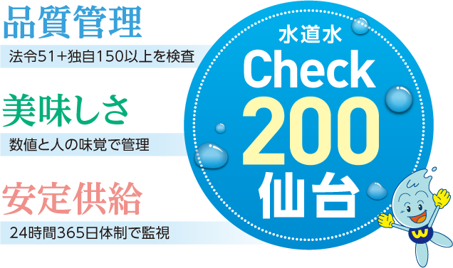 水道水Check200仙台。品質管理：法令51＋独自150以上を検査。美味しさ：数値と人の味覚で管理。安定供給：24時間365日体制で監視。