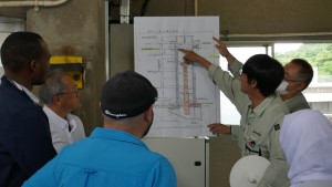 職員の男性たちが、壁に貼った図面を指し示しながら、派遣研究員へ取水塔の構造について説明している様子の写真