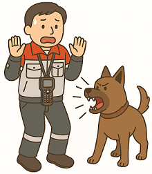 犬に吠えられている男性検針員のイラスト