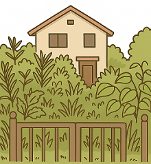 家のまわりに草木が茂っている様子のイラスト