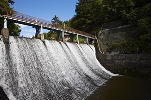 勢いよく水が流れ落ちる巨大なダムの放流風景と、その上部に架かる青い管理橋や周囲を囲む深い緑の木々を捉えた、迫力ある青下第1ダムの写真