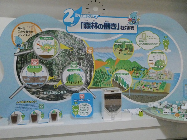 「2 Discovery 『森林の働き』を探る」というタイトルのもと、光合成や保水力などの森林の機能をイラストや写真で解説するパネルと、その手前に「水のろ過のしくみ」を体験できる模型や土の標本が並んだ写真