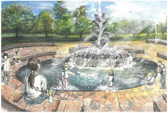 緑豊かな公園で大きな噴水が勢いよく上がり、その周りや縁のベンチで人々がくつろいだり遊んだりしている様子を描いた絵画作品