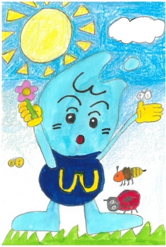太陽が輝く青空の下で、花を手に持ち腕を広げる水滴のウォッターくんの周りに、テントウムシやハチなどの生き物が集まっている様子描いた絵画作品