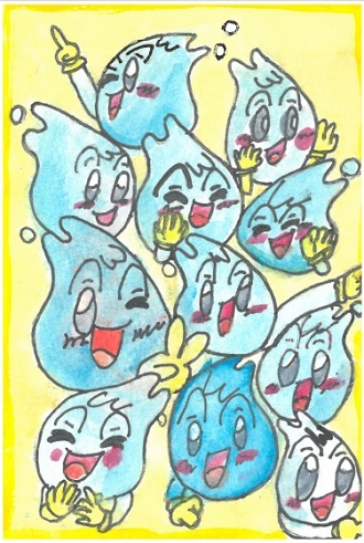 明るい黄色の背景に、さまざまな表情で笑ったりポーズをとったりしているたくさんの水滴のウォッターくんを描いた絵画作品