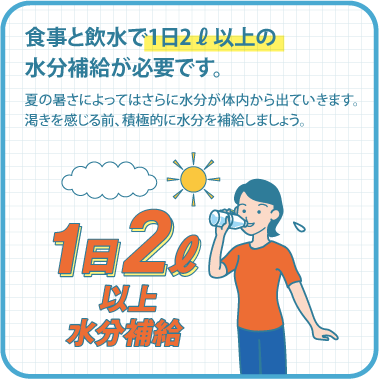 食事と飲水で1日2ℓ以上の水分補給が必要です。夏の暑さによってはさらに水分が体内から出ていきます。渇きを感じる前、積極的に水分を補給しましょう。 1日2ℓ以上水分補給