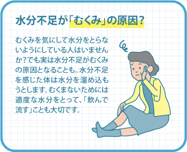 水分不足が「むくみ」の原因？ むくみを気にして水分をとらないようにしている人はいませんか？でも実は水分不足がむくみの原因となることも。水分不足を感じた体は水分を溜め込もうとします。むくまないためには適度な水分をとって、「飲んで流す」ことも大切です。