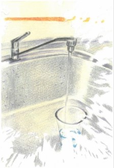 蛇口からコップに流れ落ちる水の絵