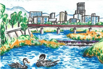 橋と市街地の絵