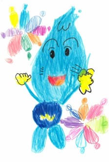 水滴のキャラクターと花火の絵