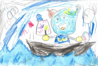 船に乗って絵を描く水滴のキャラクター