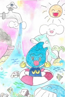 蛇口から流れ出た水の海で泳ぐ水滴のキャラクターの絵