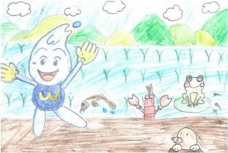 田んぼの脇にいる水滴のキャラクターとドジョウ、ザリガニ、カエルなど
