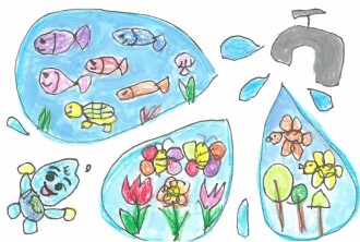水滴のキャラクターと魚、植物、昆虫などの絵